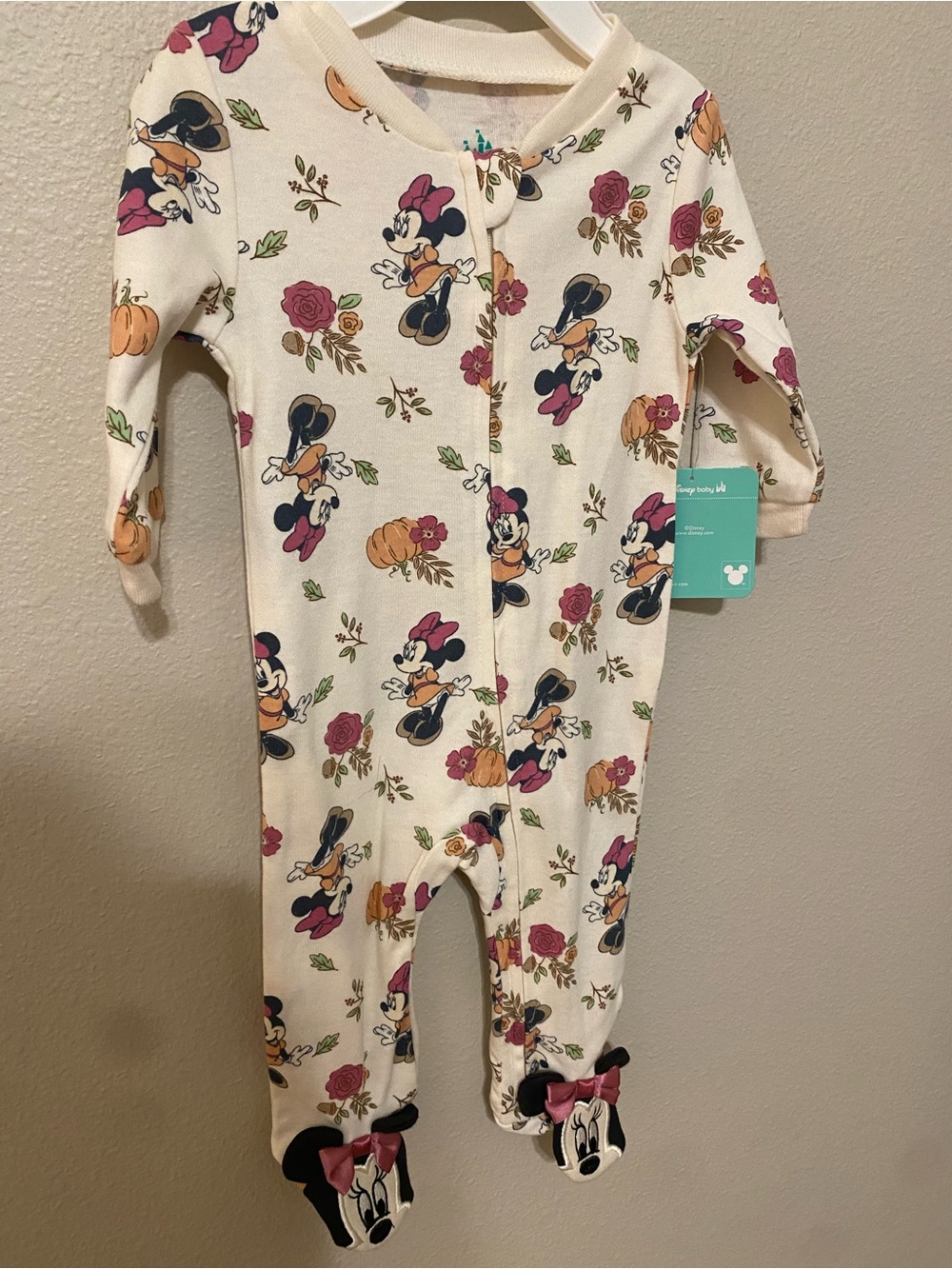Disney Cream Minnie Mouse Floral Footed One-Piece Pajamas